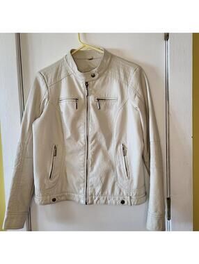 VTG JOUJOU beige faux leather motorcycle jacket 4 front zipper pockets Women XL